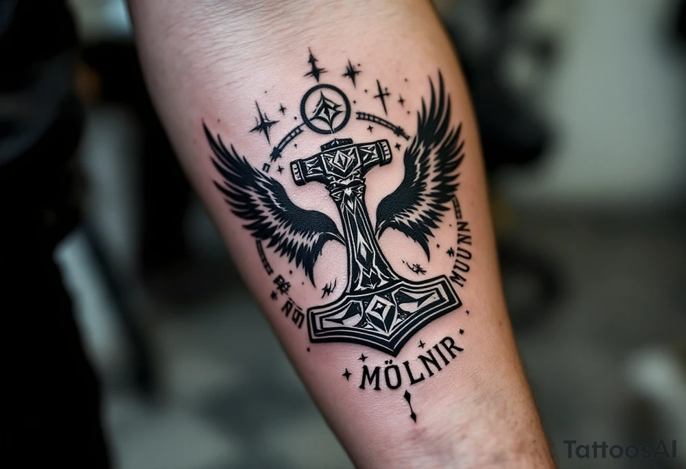 A ravens-and-Mjölnir design, with Huginn and Muninn circling the hammer, surrounded by Norse symbols, in black and grey with silver highlights. tattoo idea