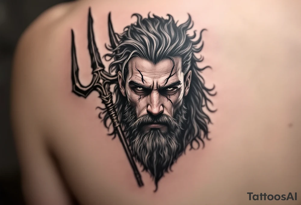 fit poseidon, behind a trident, looking at his nose tattoo idea