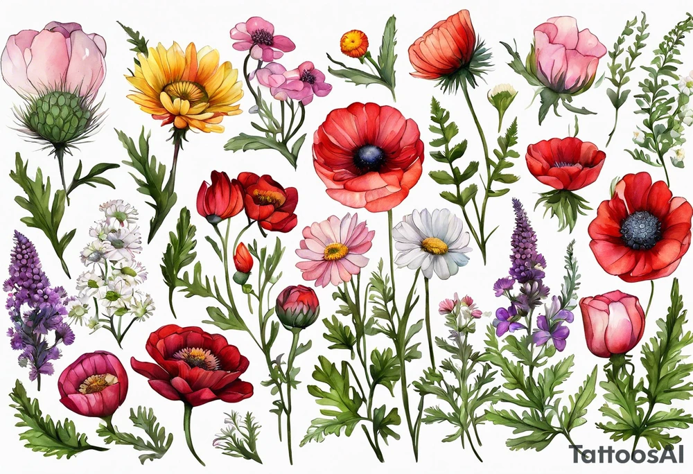 simple wildflowers with thistles, ferns, ranuculus, white anemones, sun flowers, red flowers, pink flowers, purple flowers, buttercups, babys breath, daisies, and greenery all in watercolor tattoo idea
