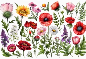 simple wildflowers with thistles, ferns, ranuculus, white anemones, sun flowers, red flowers, pink flowers, purple flowers, buttercups, babys breath, daisies, and greenery all in watercolor tattoo idea