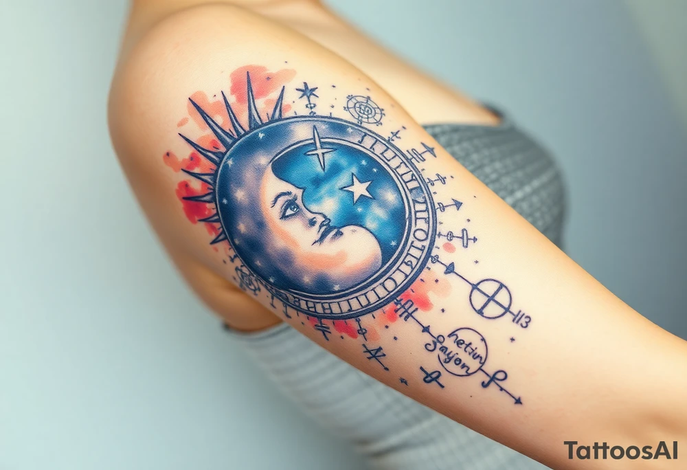 celestial sun and moon with constellation patterns runes in starry sky tattoo idea