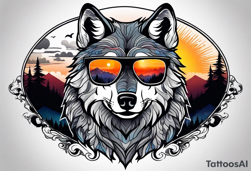 Badass wolf wearing sunglasses
Dark woods
Mountains
Sunset tattoo idea