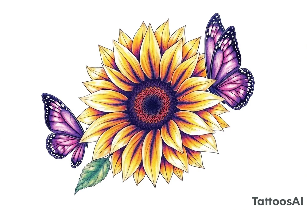 Sunflower with purple butterflies on side tattoo idea