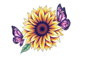Sunflower with purple butterflies on side tattoo idea