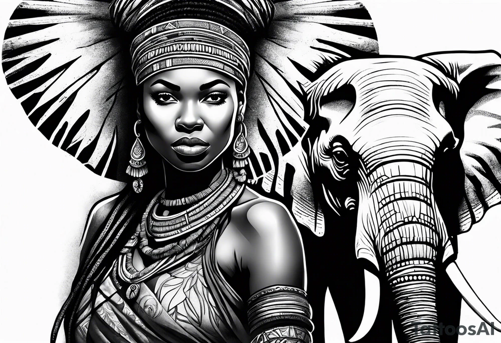African woman warrior with tribe scars and spear in hand with elephant in background tattoo idea