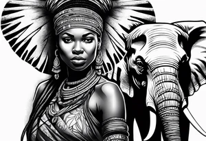 African woman warrior with tribe scars and spear in hand with elephant in background tattoo idea