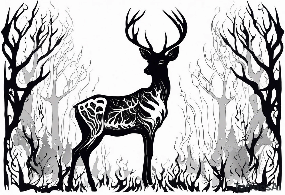 side profile of a DECAYING deer skeleton JUST BONE supernatural cannibal surrounded by a flames and trees tattoo idea