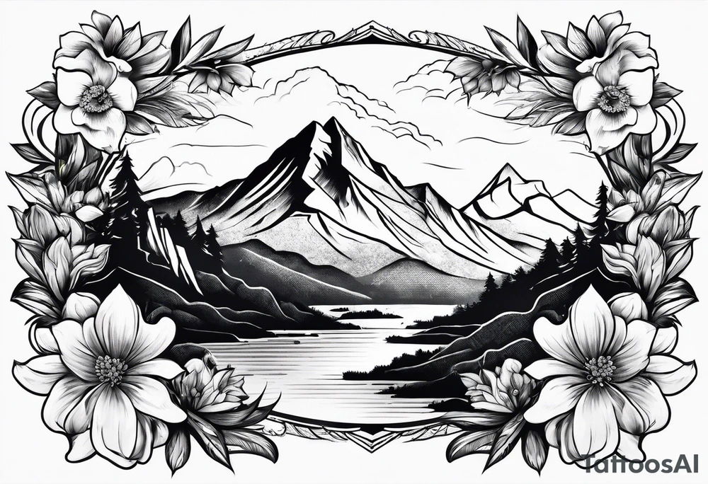 mountain with flowers tattoo idea