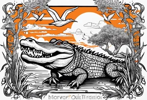 Scene live oak marsh birds alligator tattoo idea