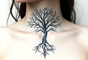 mystical tree of life with cosmic roots and celestial branches with the name Kyro tattoo idea