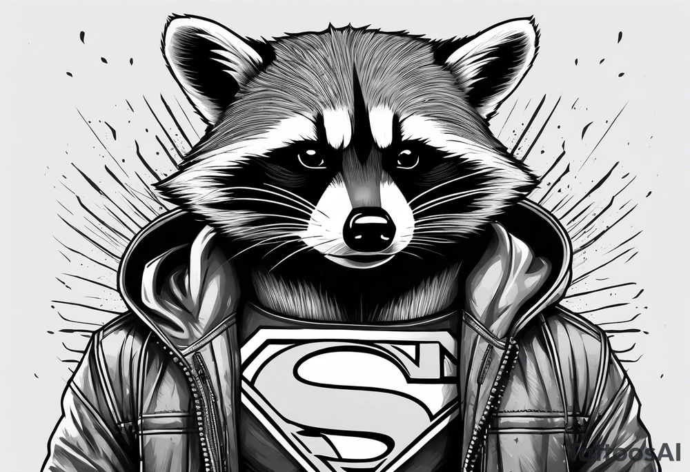 raccoon wearing a Superman hoodie tattoo idea