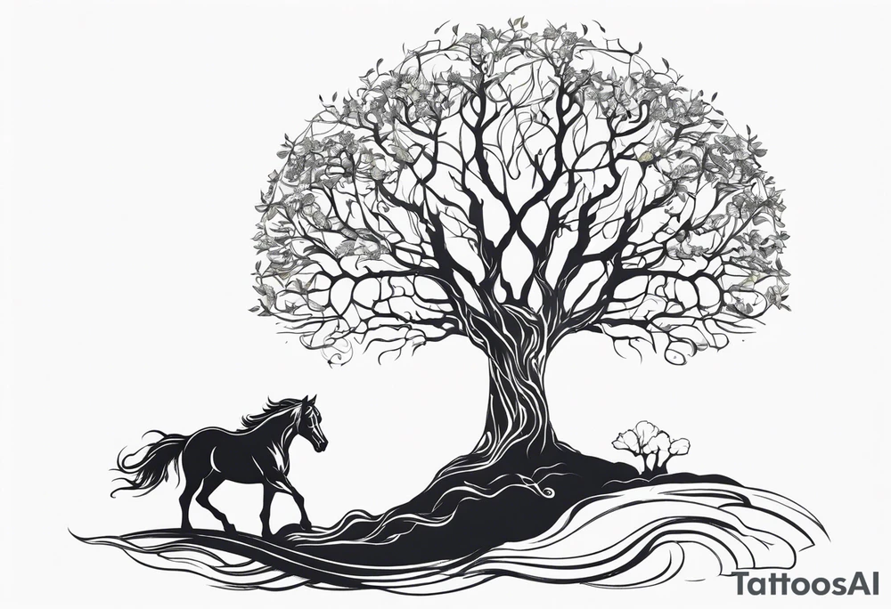 Realistic Horse and Yggdrasil tree tattoo idea