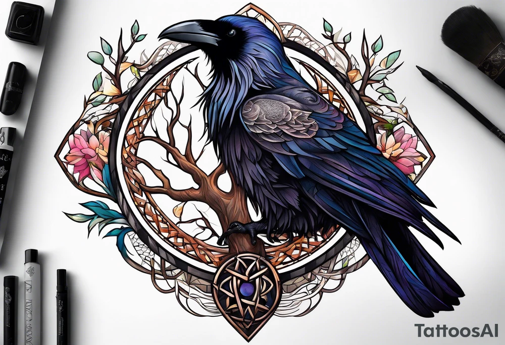world tree with a raven and knotwork sleeve tattoo tattoo idea