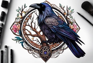 world tree with a raven and knotwork sleeve tattoo tattoo idea