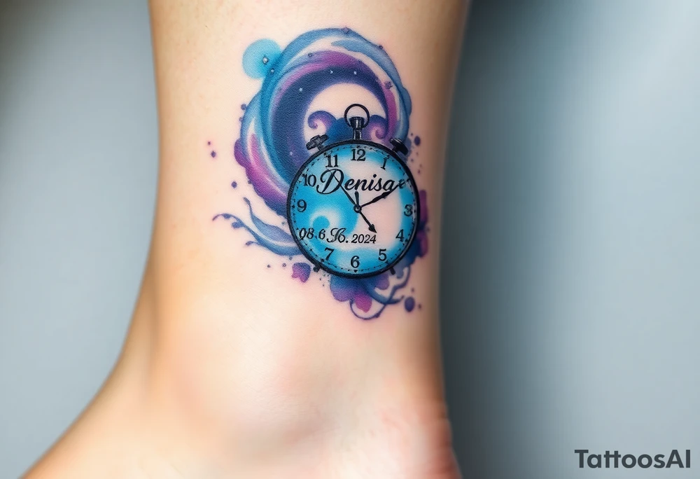 A clock made from swirling galaxies with name "Denisa" and date "08. 06. 2024", symbolizing a love that was destined in the stars, in deep blues, purples, and silver tattoo idea