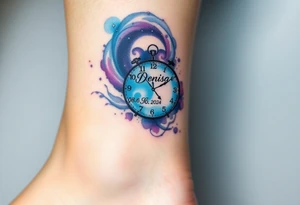 A clock made from swirling galaxies with name "Denisa" and date "08. 06. 2024", symbolizing a love that was destined in the stars, in deep blues, purples, and silver tattoo idea