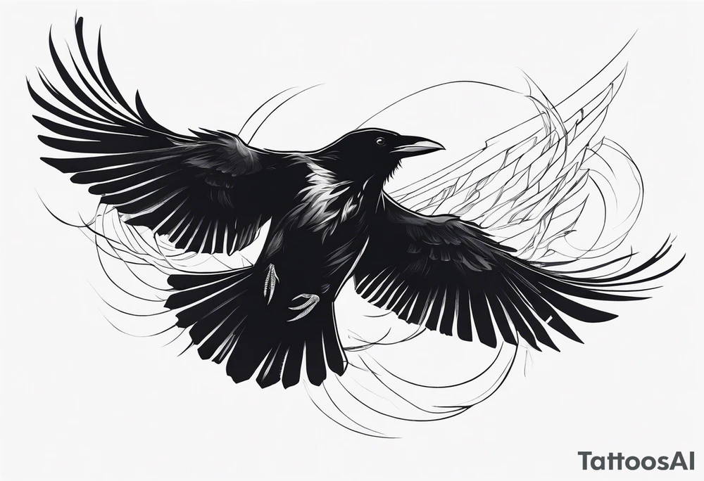 Raven flying, in battle, knowing, light behind its eyes, ethereal tattoo idea Raven flying, in battle, knowing, light behind its eyes, ethereal tattoo idea