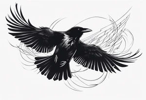 Raven flying, in battle, knowing, light behind its eyes, ethereal tattoo idea