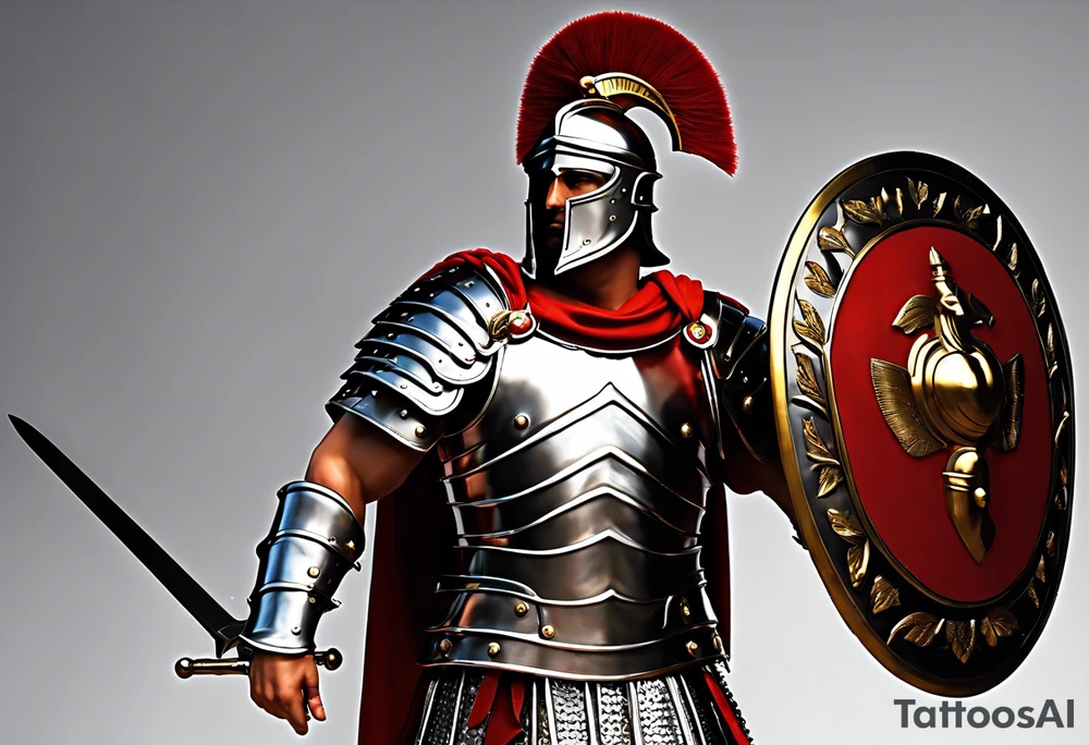 a high ranking roman centurion, soldier, AD 60, wearing armour which must include an armoured belt, breastplate, armoured shoes, shield, helmet and sword. the soldier is strong, tall, large, fit, muscular. the soldier is faceless. We can see the full body of the centurion, from his shoes to his helmet. The soldier is mid-battle, fending off flaming arrows with his shield, advancing towards the enemy, attacking the enemy. attacking pose. The image should be extremely detailed. Need to see the full soldier. tattoo idea