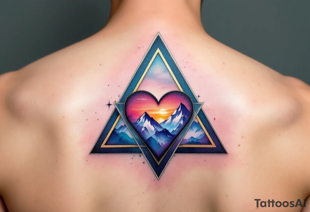 A triangle with a big heart in the cente with a mountain theme tattoo idea