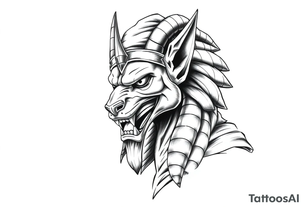 Anubis god powerful face muscle in Egypt style with mantle on head tattoo idea