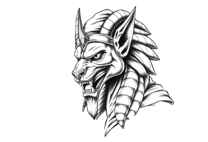 Anubis god powerful face muscle in Egypt style with mantle on head tattoo idea