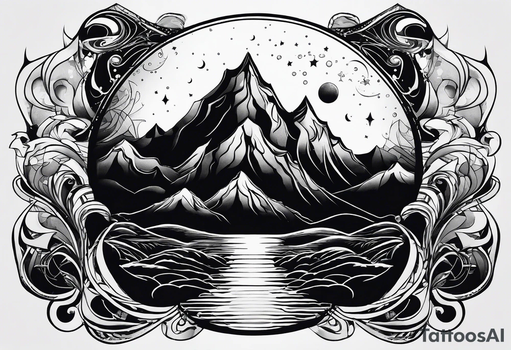 A world that appears to be upside down including Mountains and a moon that drips down Drops. tattoo idea
