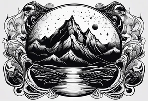 A world that appears to be upside down including Mountains and a moon that drips down Drops. tattoo idea