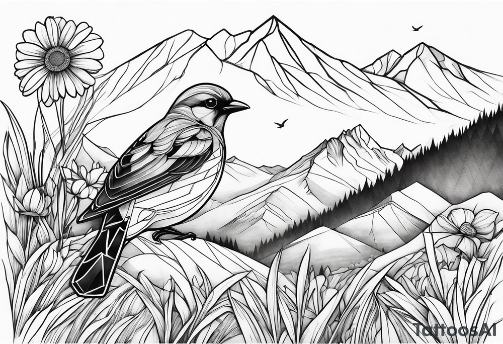 Geometric Black and white bird outline sitting in grass and daisys with mountains in the background tattoo idea