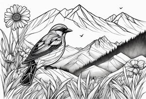 Geometric Black and white bird outline sitting in grass and daisys with mountains in the background tattoo idea