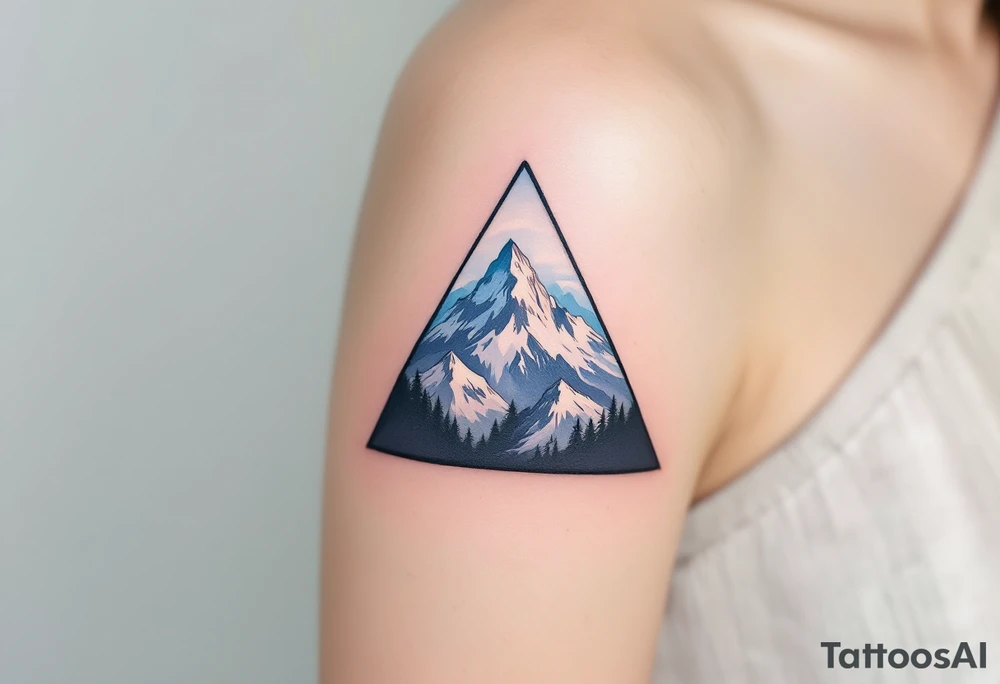 A triangle filled with mountains and shaded in charcoal and sky blue, symbolizing adventure and strength. tattoo idea