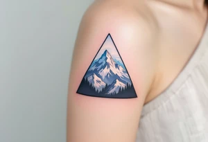 A triangle filled with mountains and shaded in charcoal and sky blue, symbolizing adventure and strength. tattoo idea