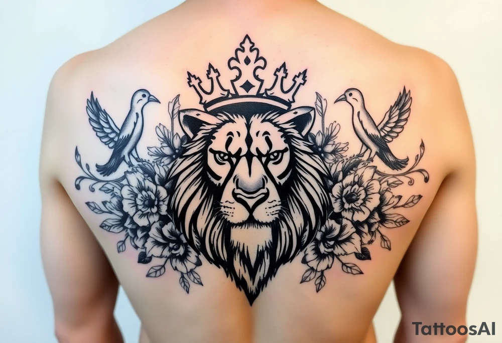 powerful majestic lion with a crown, surrounded by floral ornaments and birds tattoo idea