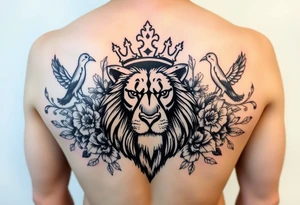powerful majestic lion with a crown, surrounded by floral ornaments and birds tattoo idea