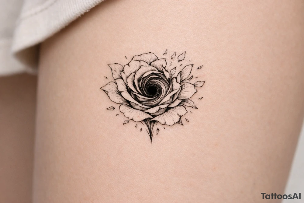 Single rose, petals shattering outwards, revealing a swirling dark abyss. tattoo idea