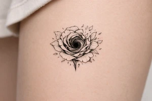Single rose, petals shattering outwards, revealing a swirling dark abyss. tattoo idea