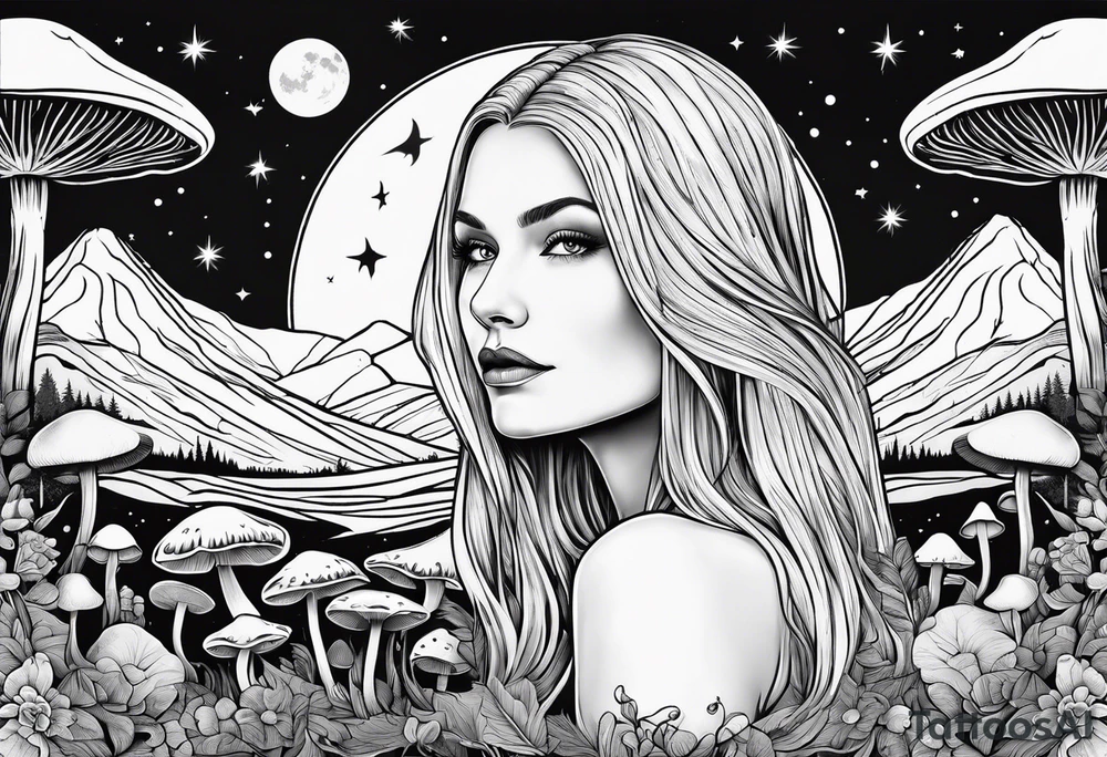 Blonde long straight hair older woman no makeup surrounded by mushrooms facing mountains crescent moon background tattoo idea