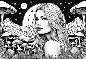 Blonde long straight hair older woman no makeup surrounded by mushrooms facing mountains crescent moon background tattoo idea