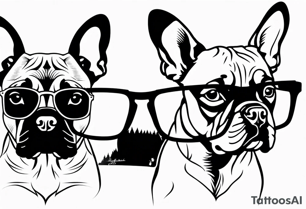 silhouette of french bull dog with glasses, tattoo to use as a couple tattoo idea