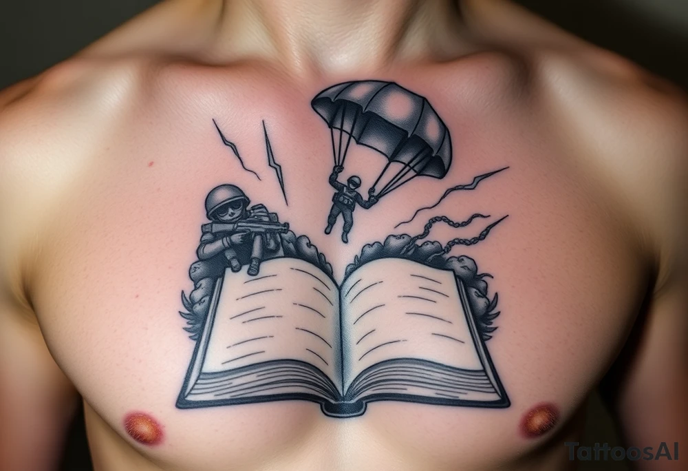 A parachuting soldier landing into an open book. Chaos surrounding, but the book is protecting the soldier from it. On the chest. Make the tattoo smaller. Make it thought provoking. Make the chaos in the environment be a thunderstorm. Make the pages in the book be blank and the book be decorated tattoo idea