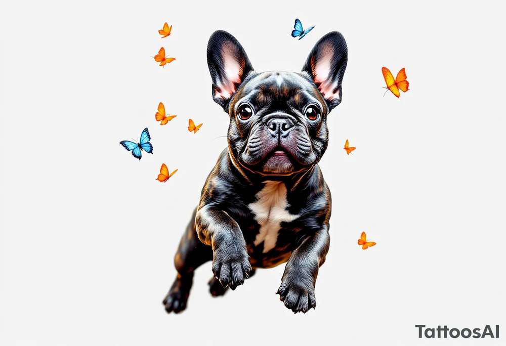 French Bulldog chasing butterflies, mid-leap with joyful expression, brindle coat with small orange and blue butterflies around. tattoo idea