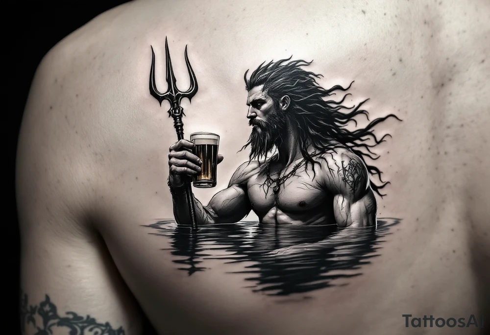young, fit poseidon in calm water, holding a trident, drinking a beer tattoo idea