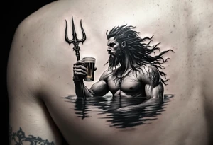 young, fit poseidon in calm water, holding a trident, drinking a beer tattoo idea