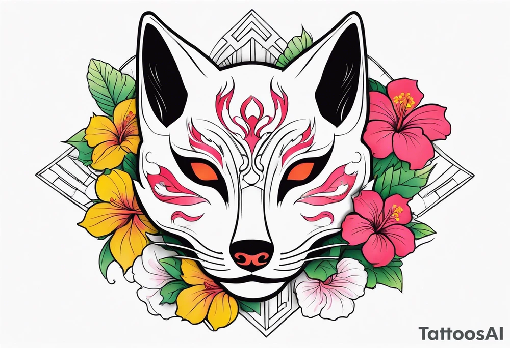 White japanese mask that looks like a kitsune with red and yellow accents and pink hibiscus flowers and green vines surrounding it tattoo idea