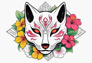 White japanese mask that looks like a kitsune with red and yellow accents and pink hibiscus flowers and green vines surrounding it tattoo idea