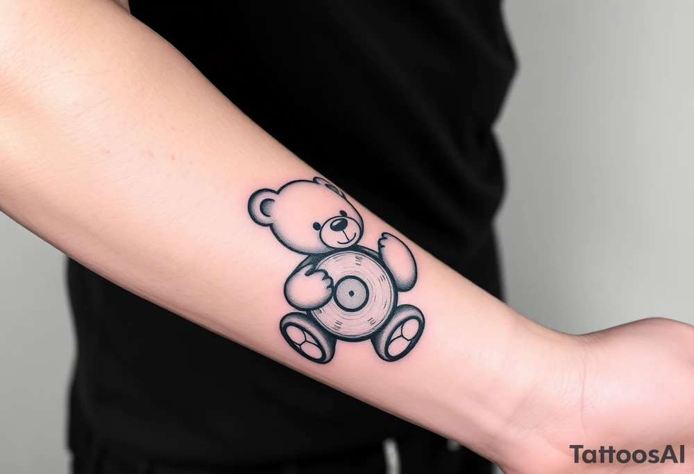 minimalist teddy bear smiling and holding a vinyl record tattoo idea