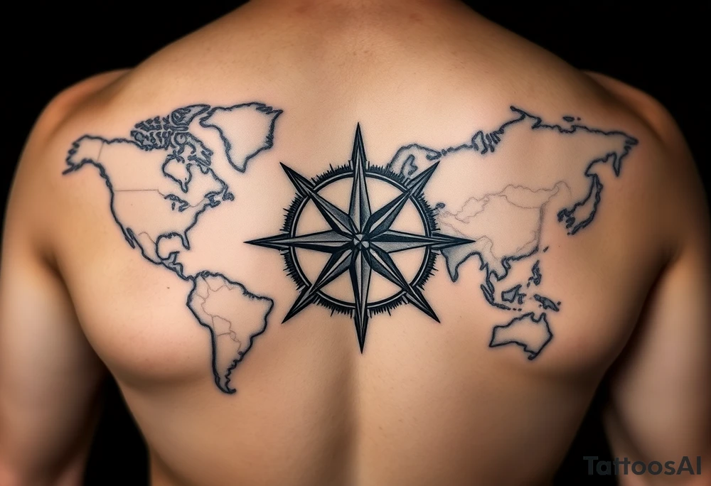 antique compass rose overlaid on weathered world map with sailing ships tattoo idea