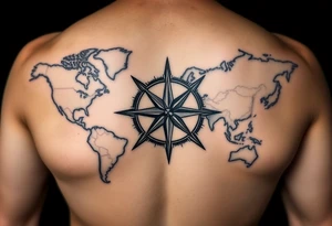 antique compass rose overlaid on weathered world map with sailing ships tattoo idea