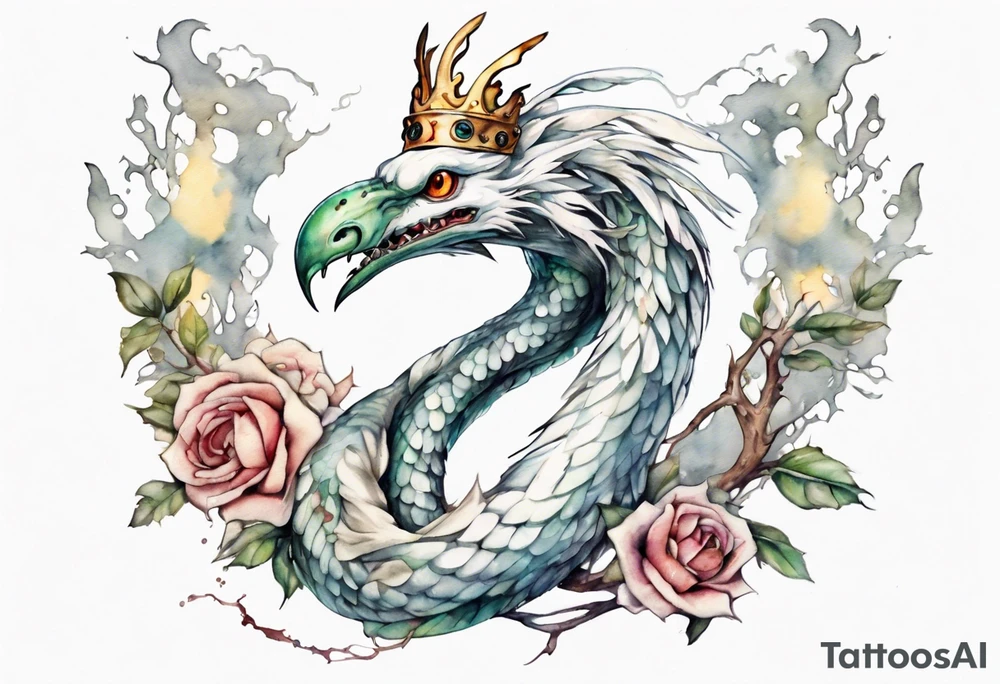 a white bird-serpent hybrid, holding an iron crown tattoo idea