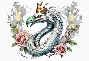 a white bird-serpent hybrid, holding an iron crown tattoo idea
